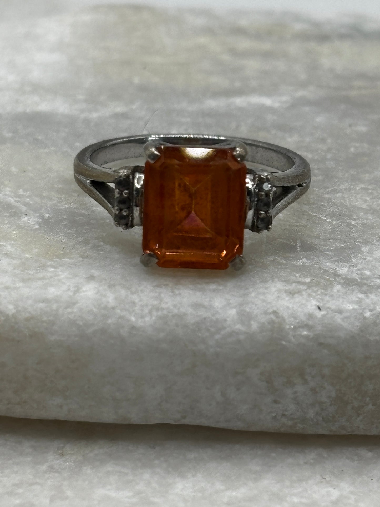 925 Sterling Silver Padparadscha Emerald Cut With Diamond Shoulders Ring - Size O