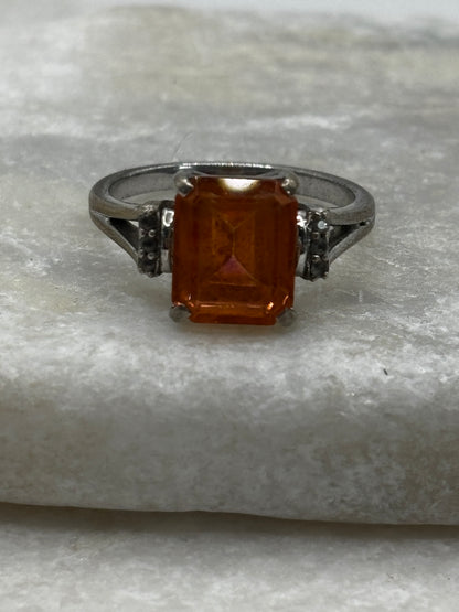 925 Sterling Silver Padparadscha Emerald Cut With Diamond Shoulders Ring - Size O