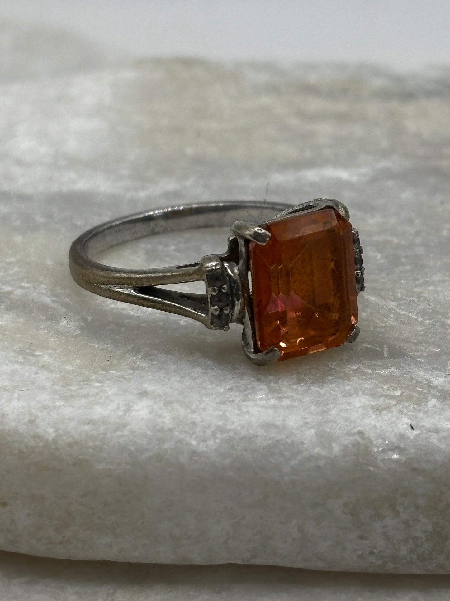 925 Sterling Silver Padparadscha Emerald Cut With Diamond Shoulders Ring - Size O