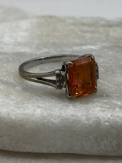 925 Sterling Silver Padparadscha Emerald Cut With Diamond Shoulders Ring - Size O
