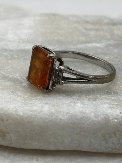 925 Sterling Silver Padparadscha Emerald Cut With Diamond Shoulders Ring - Size O