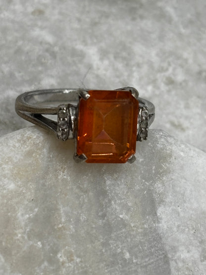 925 Sterling Silver Padparadscha Emerald Cut With Diamond Shoulders Ring - Size O
