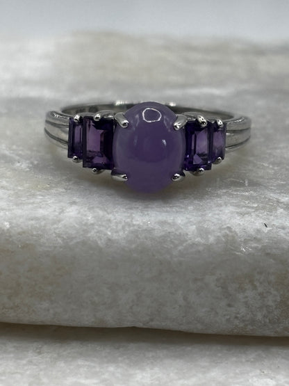 925 Sterling Silver Purple Jade and Amethyst Trilogy Ring - Size P
