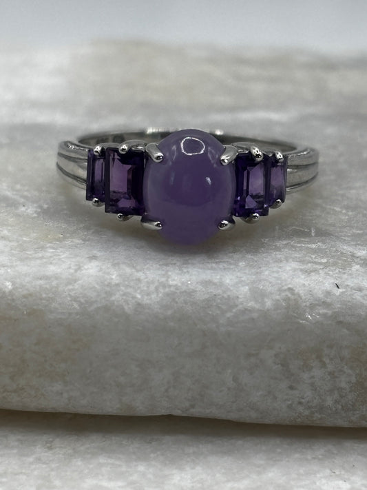 925 Sterling Silver Purple Jade and Amethyst Trilogy Ring - Size P