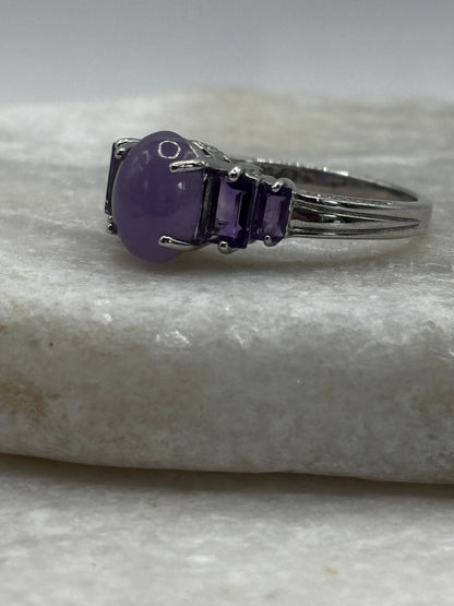 925 Sterling Silver Purple Jade and Amethyst Trilogy Ring - Size P
