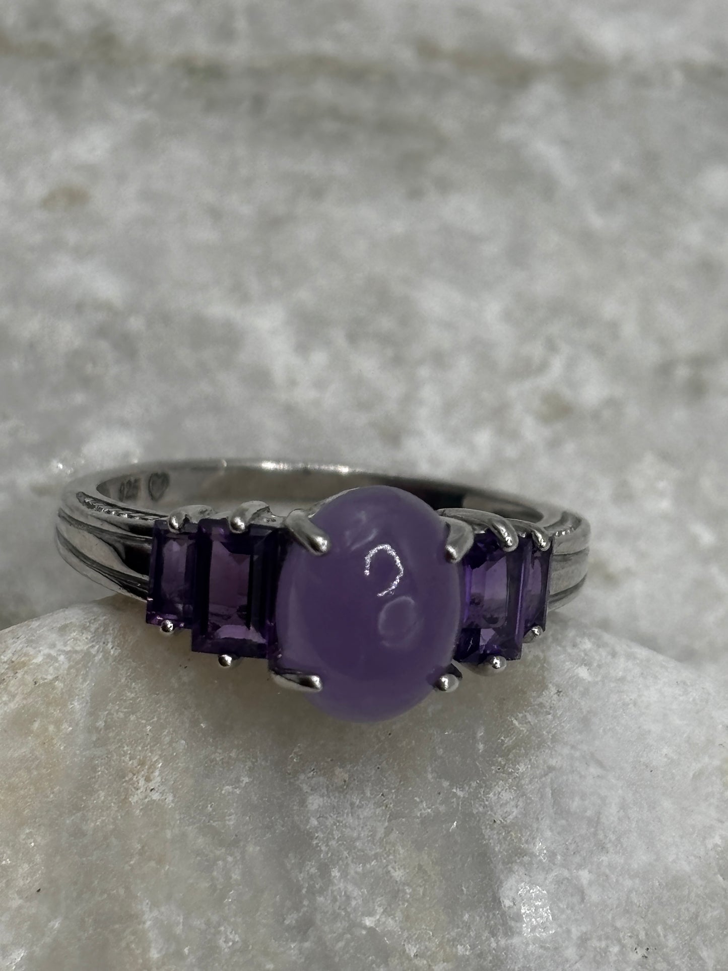 925 Sterling Silver Purple Jade and Amethyst Trilogy Ring - Size P