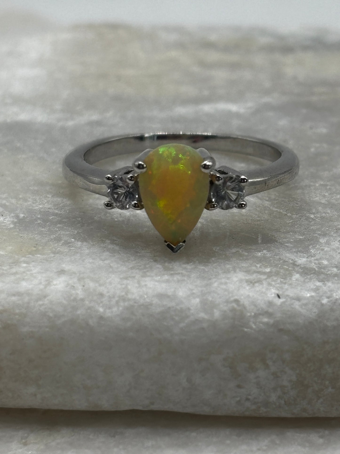 925 Sterling Silver Opal and White Zircon Teardrop Ring - Size S