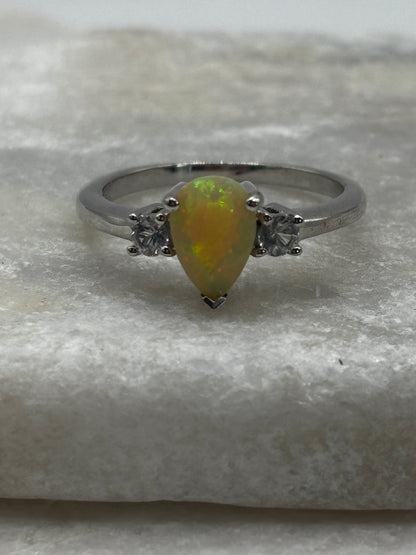 925 Sterling Silver Opal and White Zircon Teardrop Ring - Size S