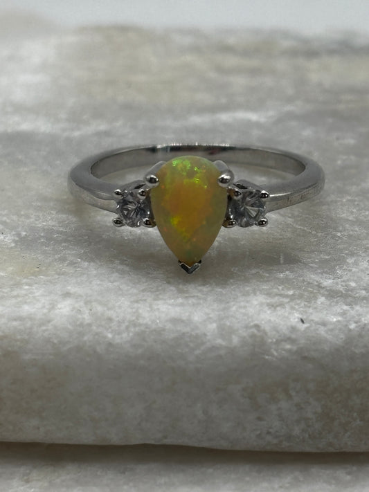 925 Sterling Silver Opal and White Zircon Teardrop Ring - Size S