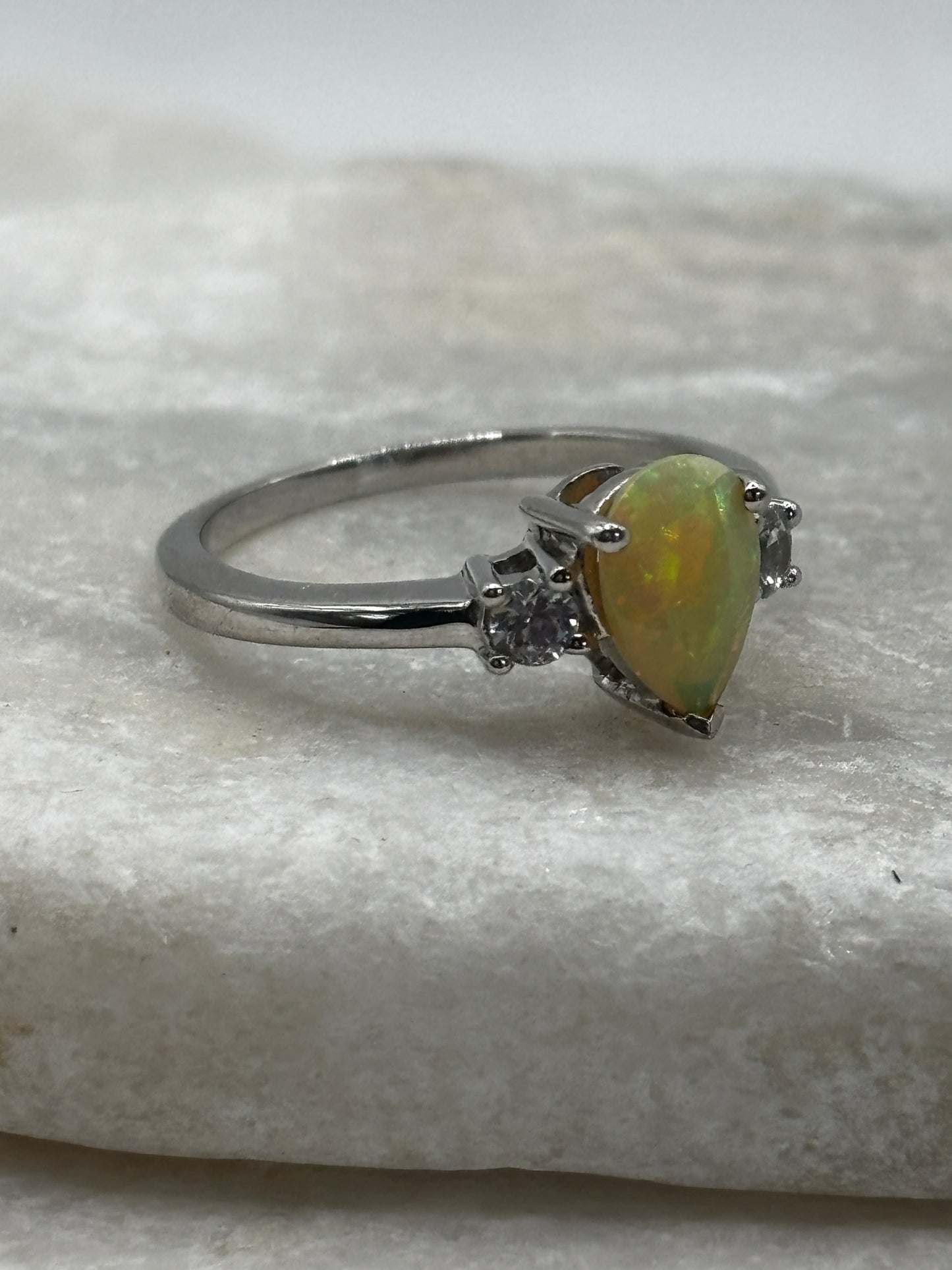 925 Sterling Silver Opal and White Zircon Teardrop Ring - Size S