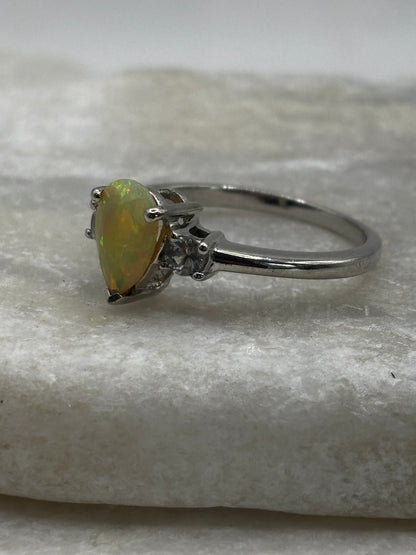 925 Sterling Silver Opal and White Zircon Teardrop Ring - Size S