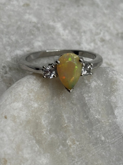 925 Sterling Silver Opal and White Zircon Teardrop Ring - Size S
