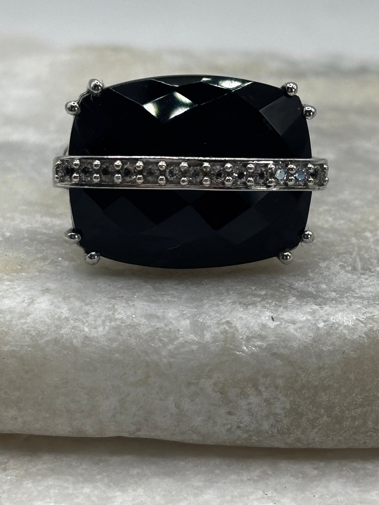 925 Sterling Silver Black Spinel and White Zircon Cocktail Ring - Size S