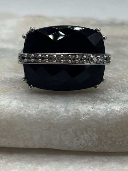 925 Sterling Silver Black Spinel and White Zircon Cocktail Ring - Size S
