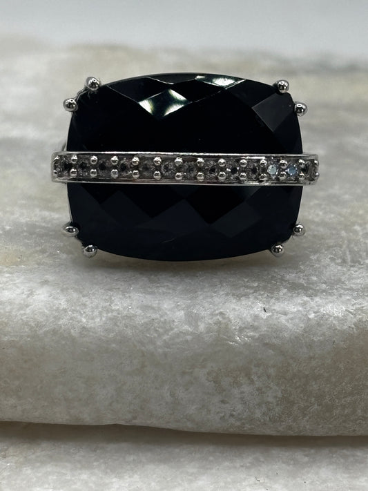 925 Sterling Silver Black Spinel and White Zircon Cocktail Ring - Size S