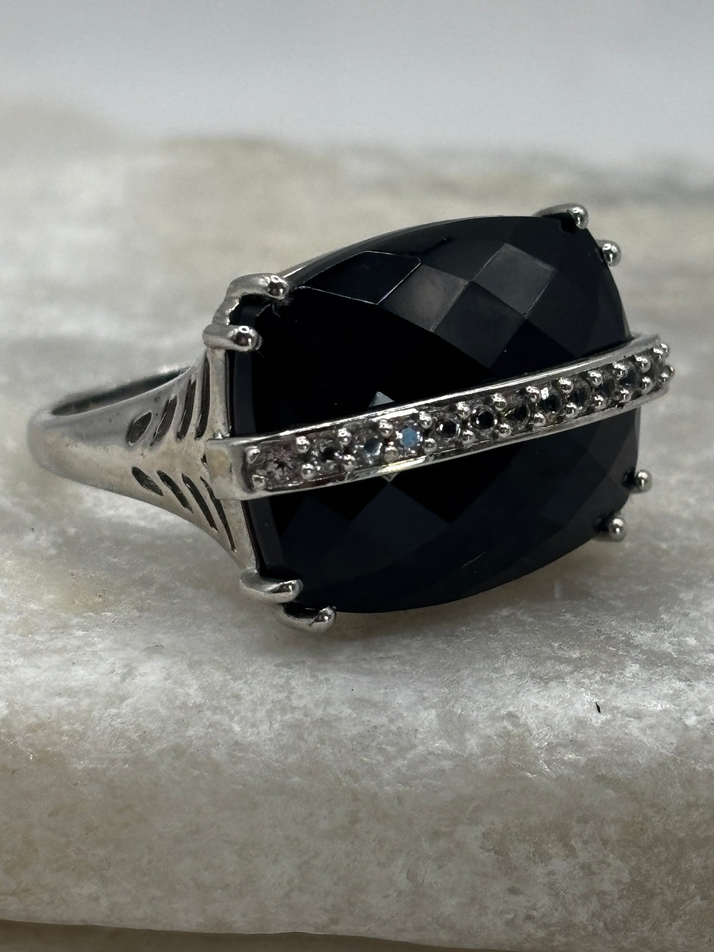 925 Sterling Silver Black Spinel and White Zircon Cocktail Ring - Size S