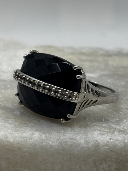 925 Sterling Silver Black Spinel and White Zircon Cocktail Ring - Size S