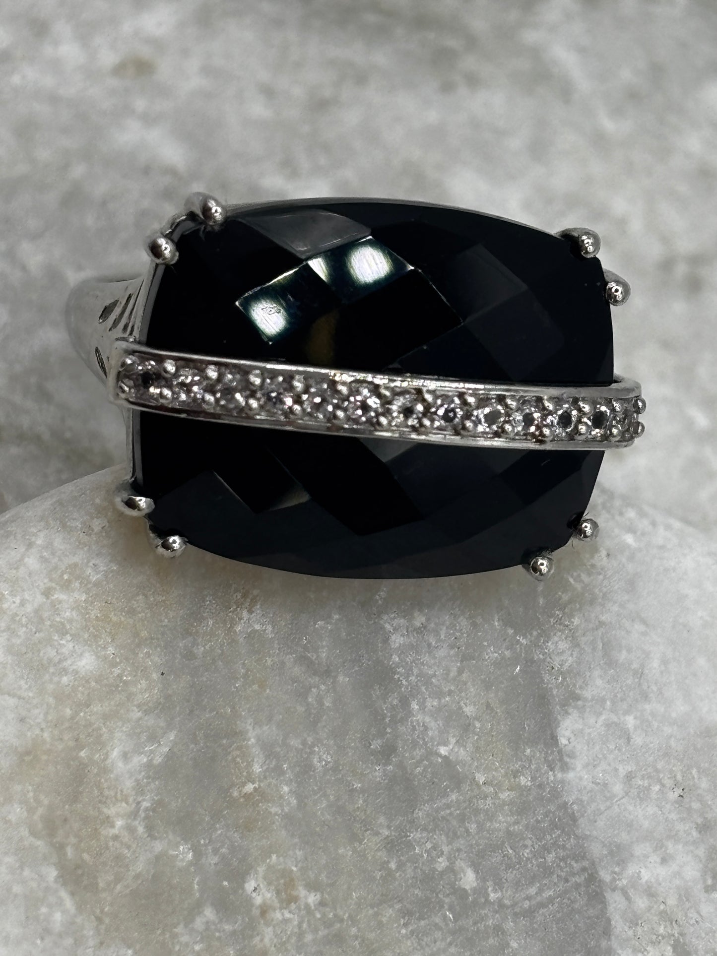 925 Sterling Silver Black Spinel and White Zircon Cocktail Ring - Size S