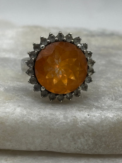 925 Sterling Silver Citrine and White Zircon Halo Ring - Size O