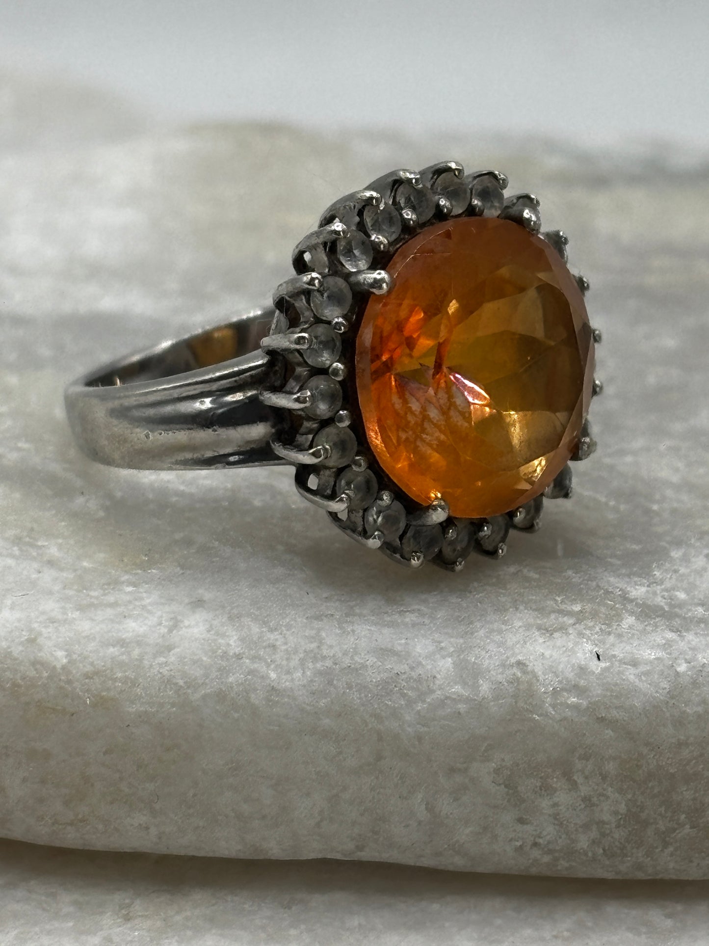 925 Sterling Silver Citrine and White Zircon Halo Ring - Size O