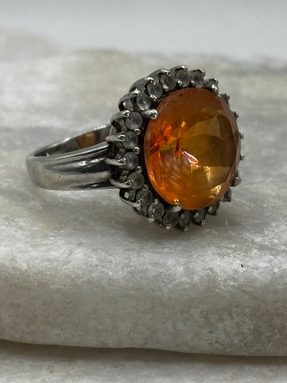 925 Sterling Silver Citrine and White Zircon Halo Ring - Size O