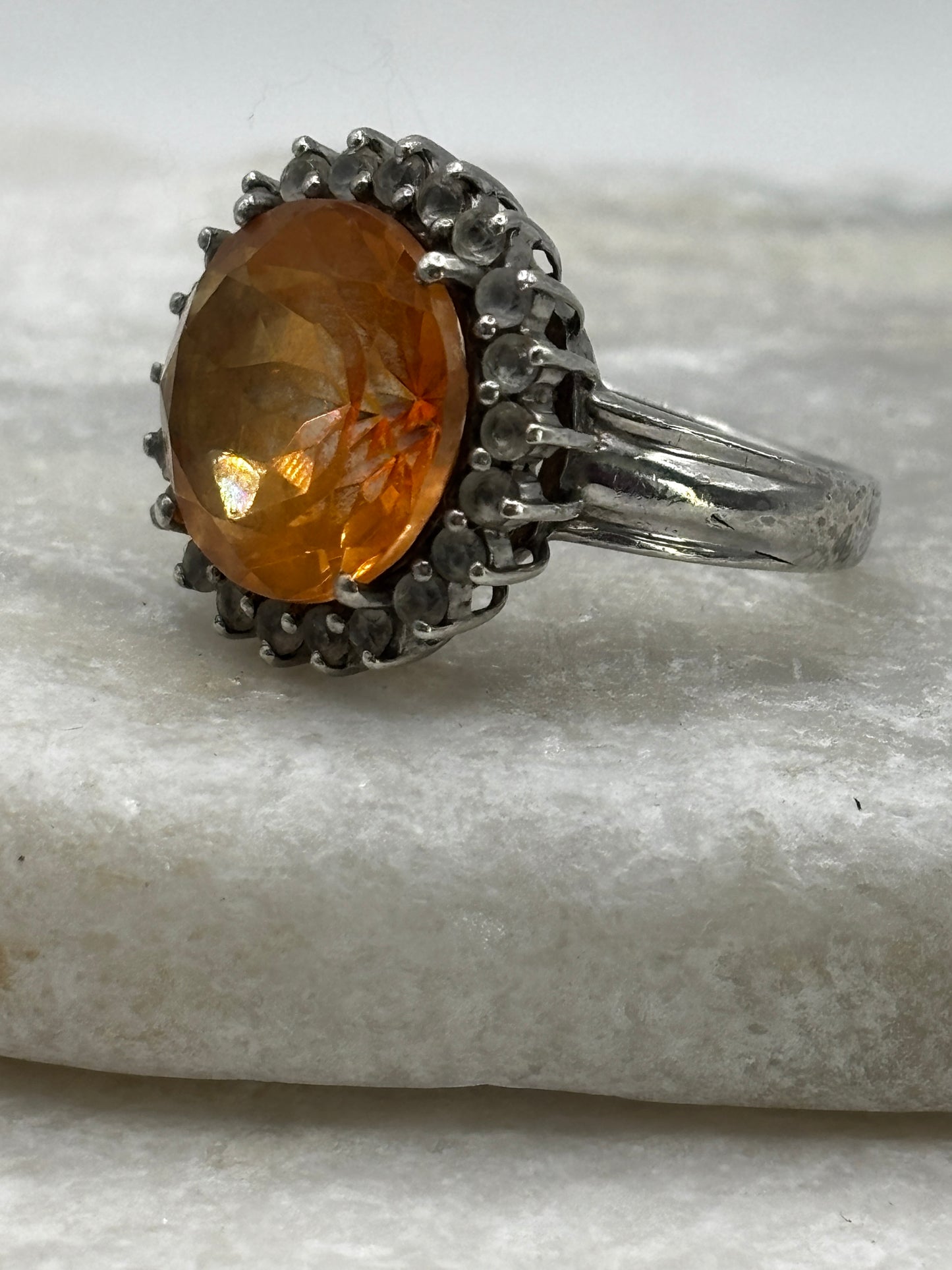 925 Sterling Silver Citrine and White Zircon Halo Ring - Size O