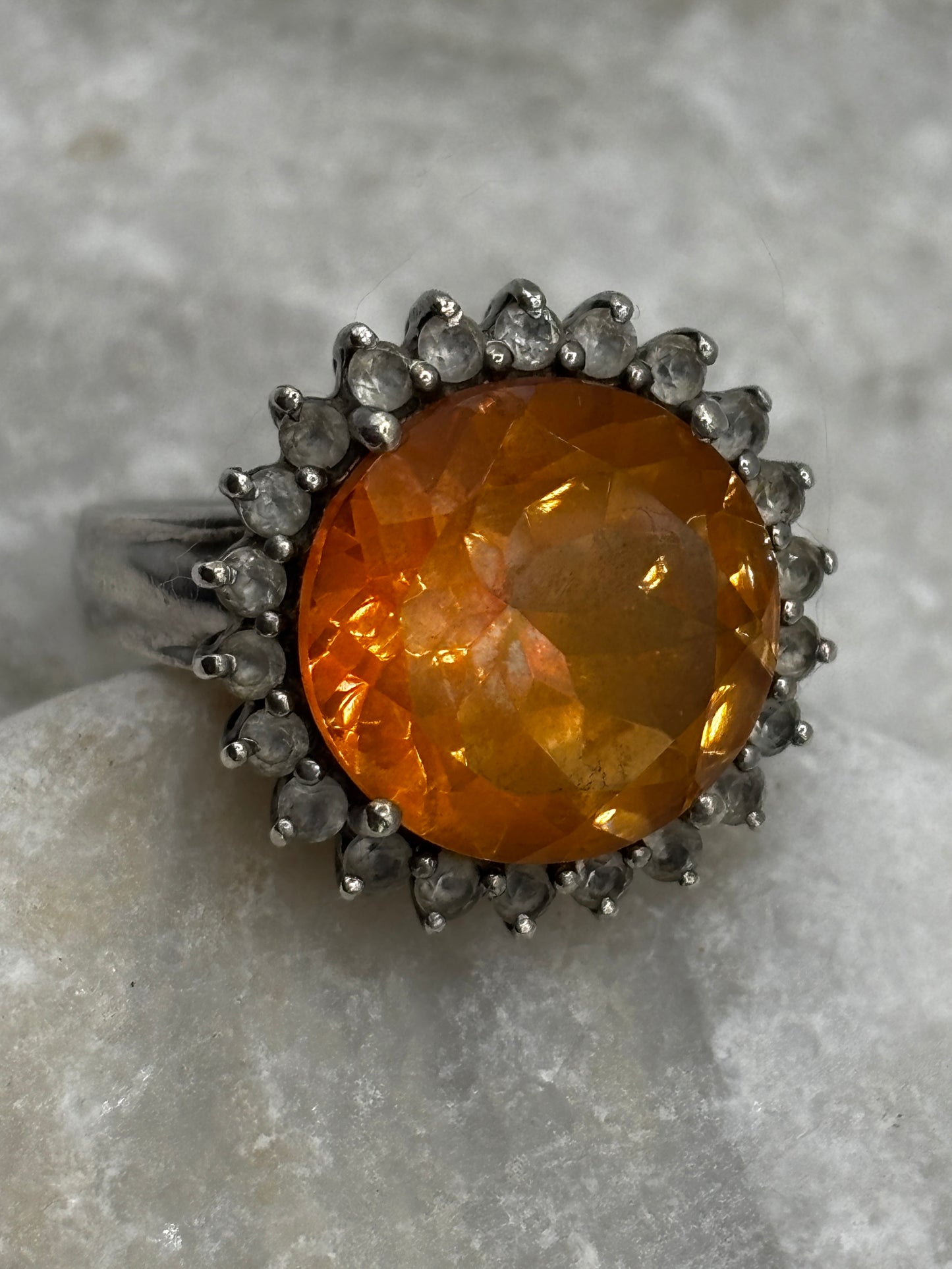 925 Sterling Silver Citrine and White Zircon Halo Ring - Size O