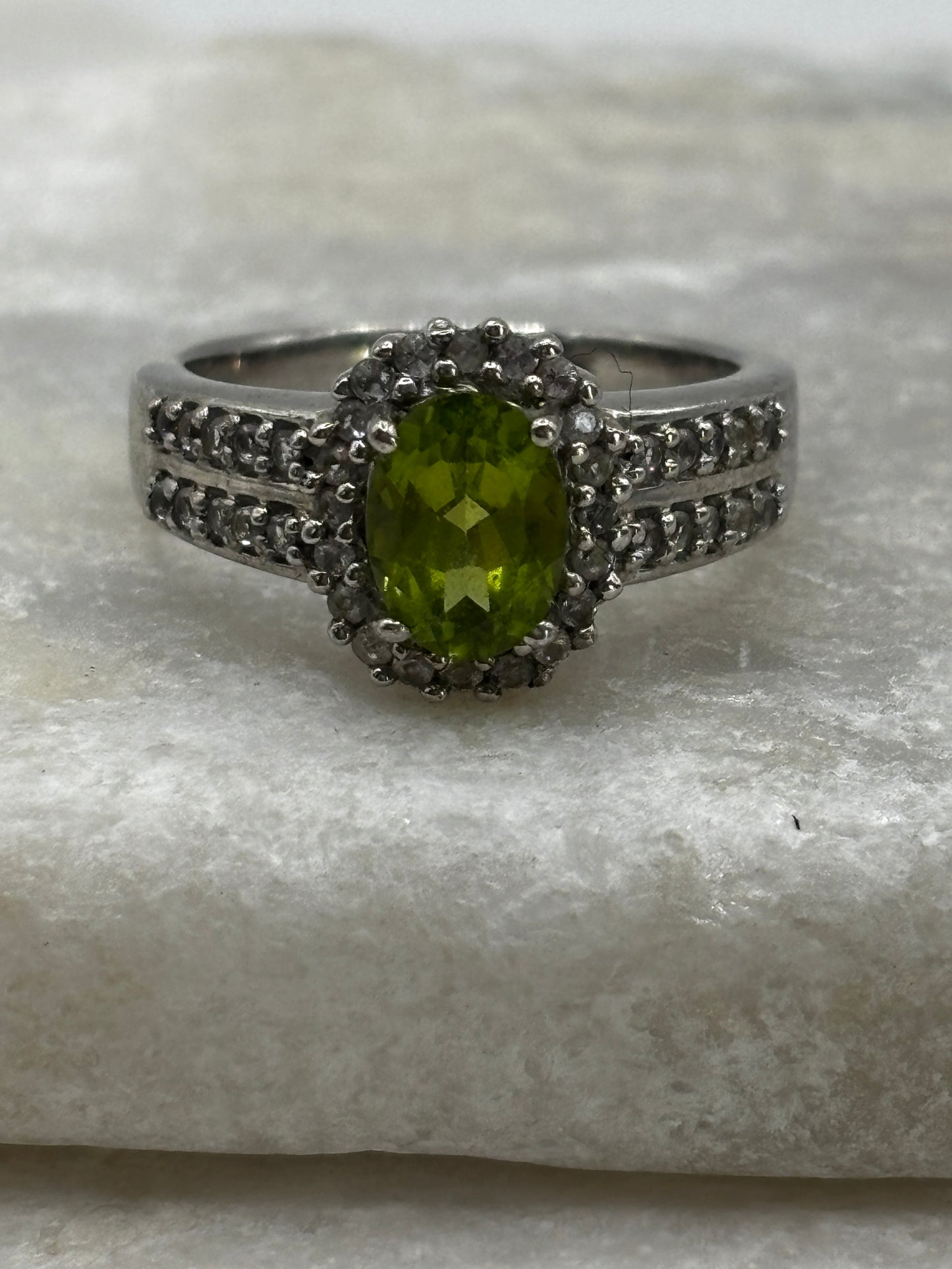 925 Sterling Silver Peridot and White Zircon Halo Ring - Size O