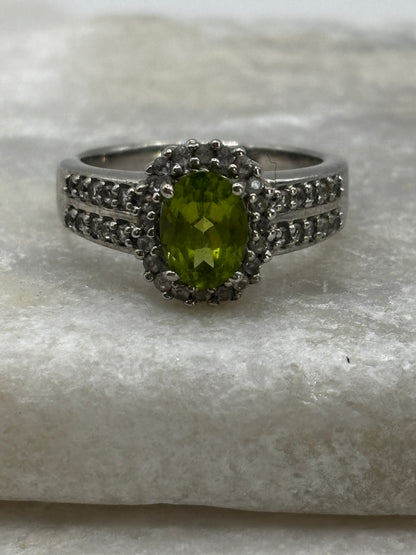 925 Sterling Silver Peridot and White Zircon Halo Ring - Size O