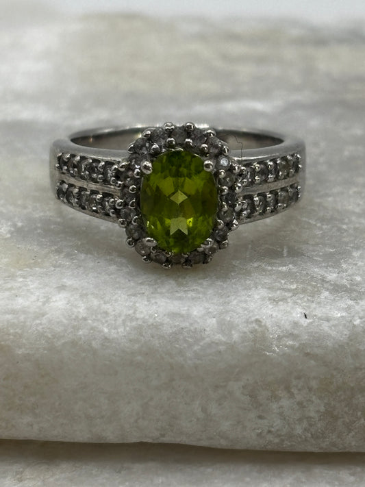 925 Sterling Silver Peridot and White Zircon Halo Ring - Size O