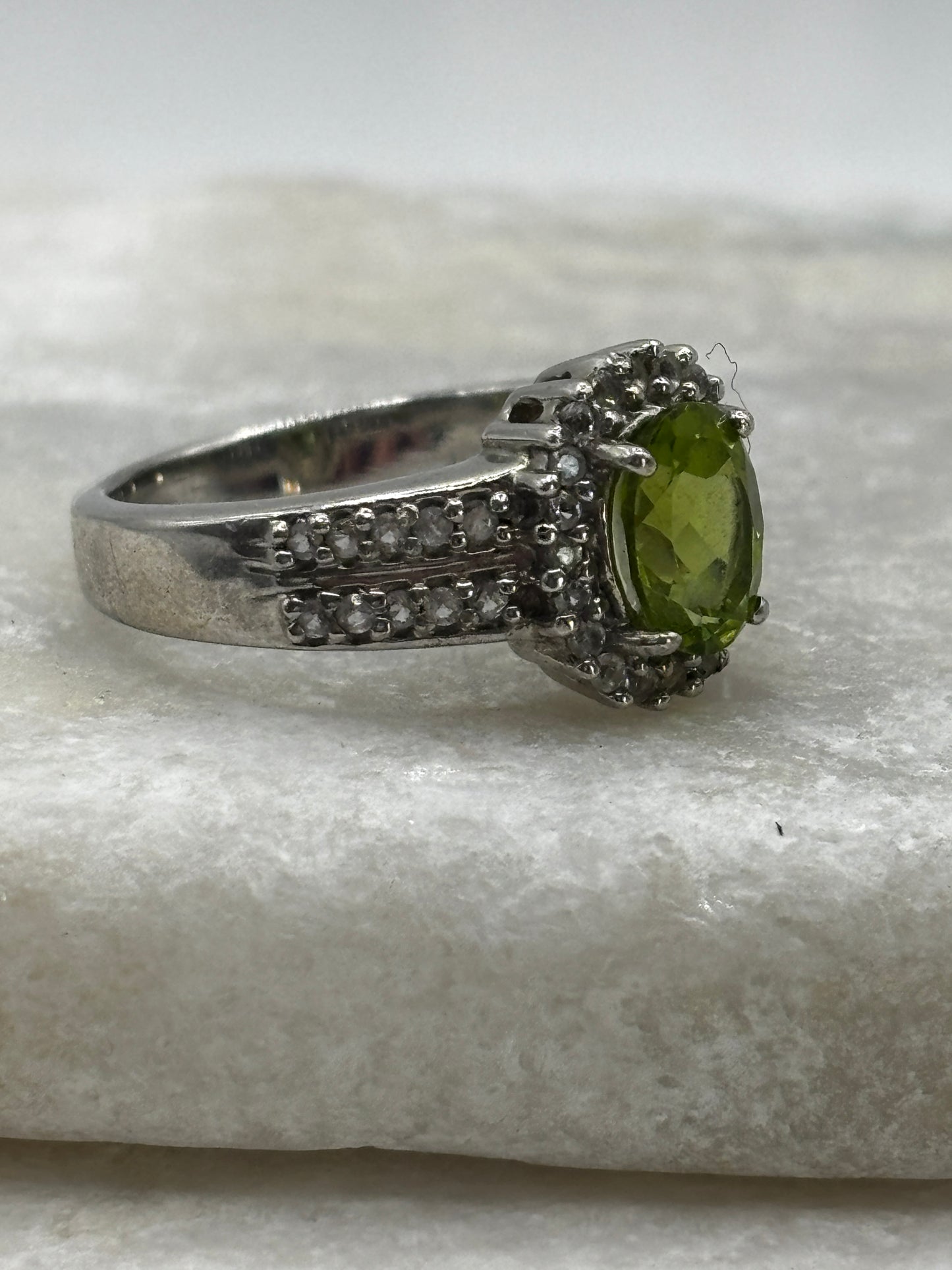 925 Sterling Silver Peridot and White Zircon Halo Ring - Size O
