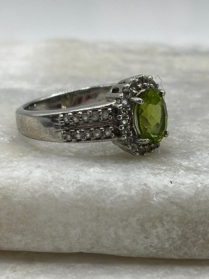 925 Sterling Silver Peridot and White Zircon Halo Ring - Size O