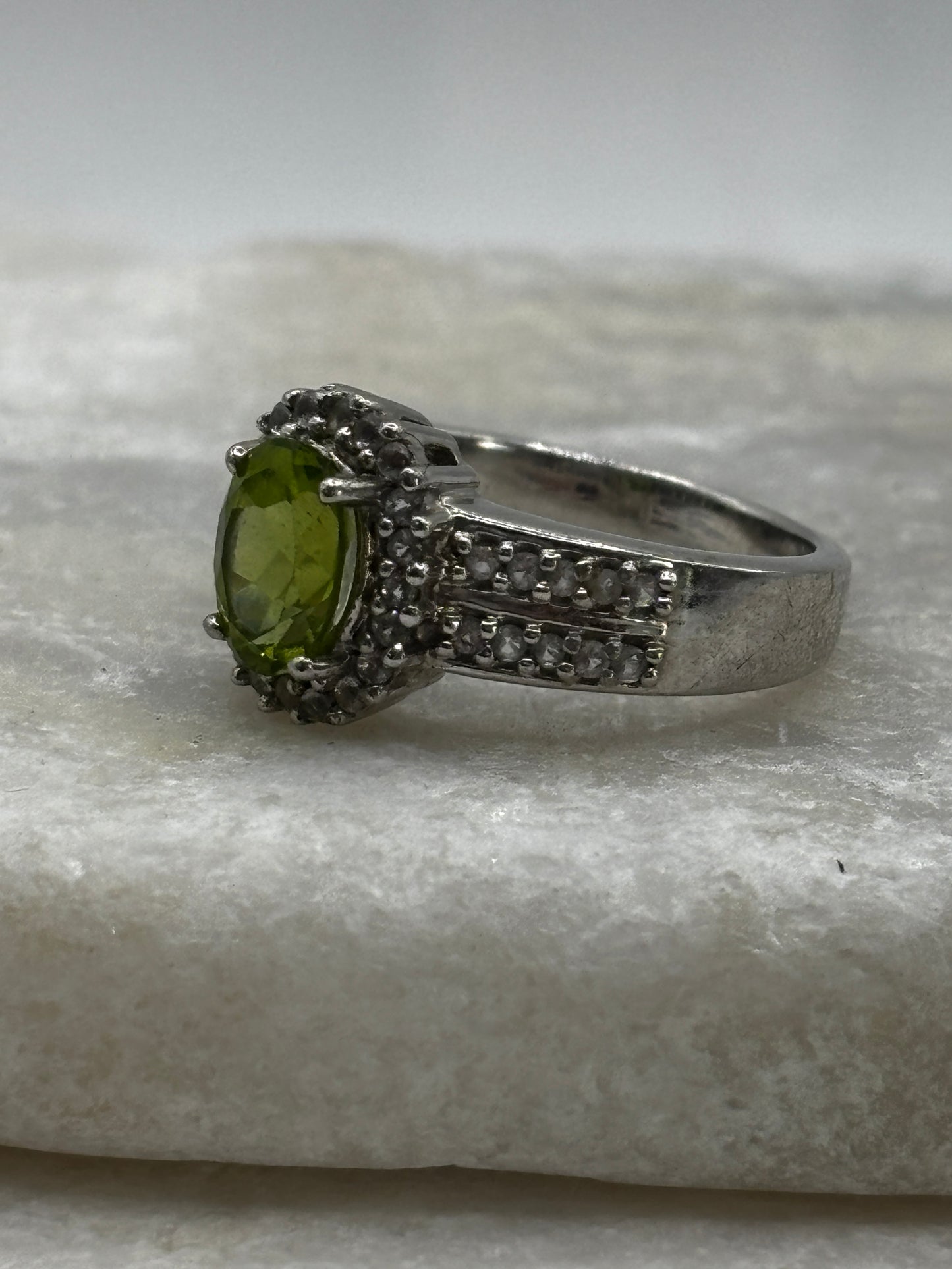 925 Sterling Silver Peridot and White Zircon Halo Ring - Size O