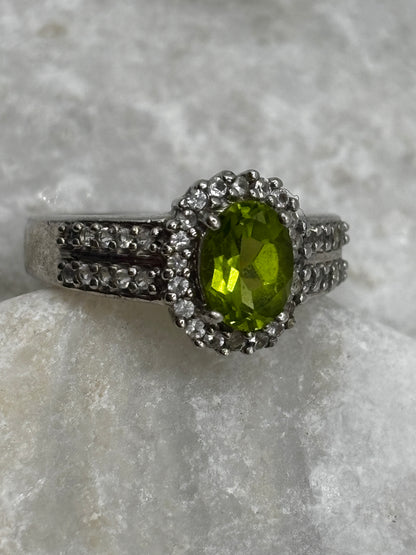 925 Sterling Silver Peridot and White Zircon Halo Ring - Size O