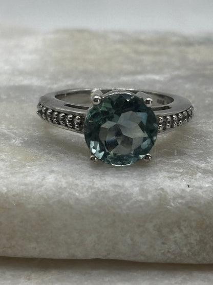 925 Sterling Silver Green Mint Faceted Tourmaline and White Zircon Solitaire Ring - Size O