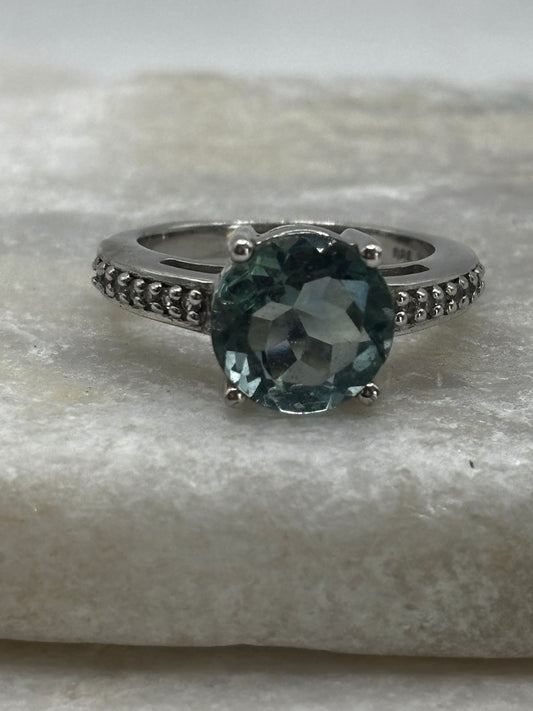 925 Sterling Silver Green Mint Faceted Tourmaline and White Zircon Solitaire Ring - Size O