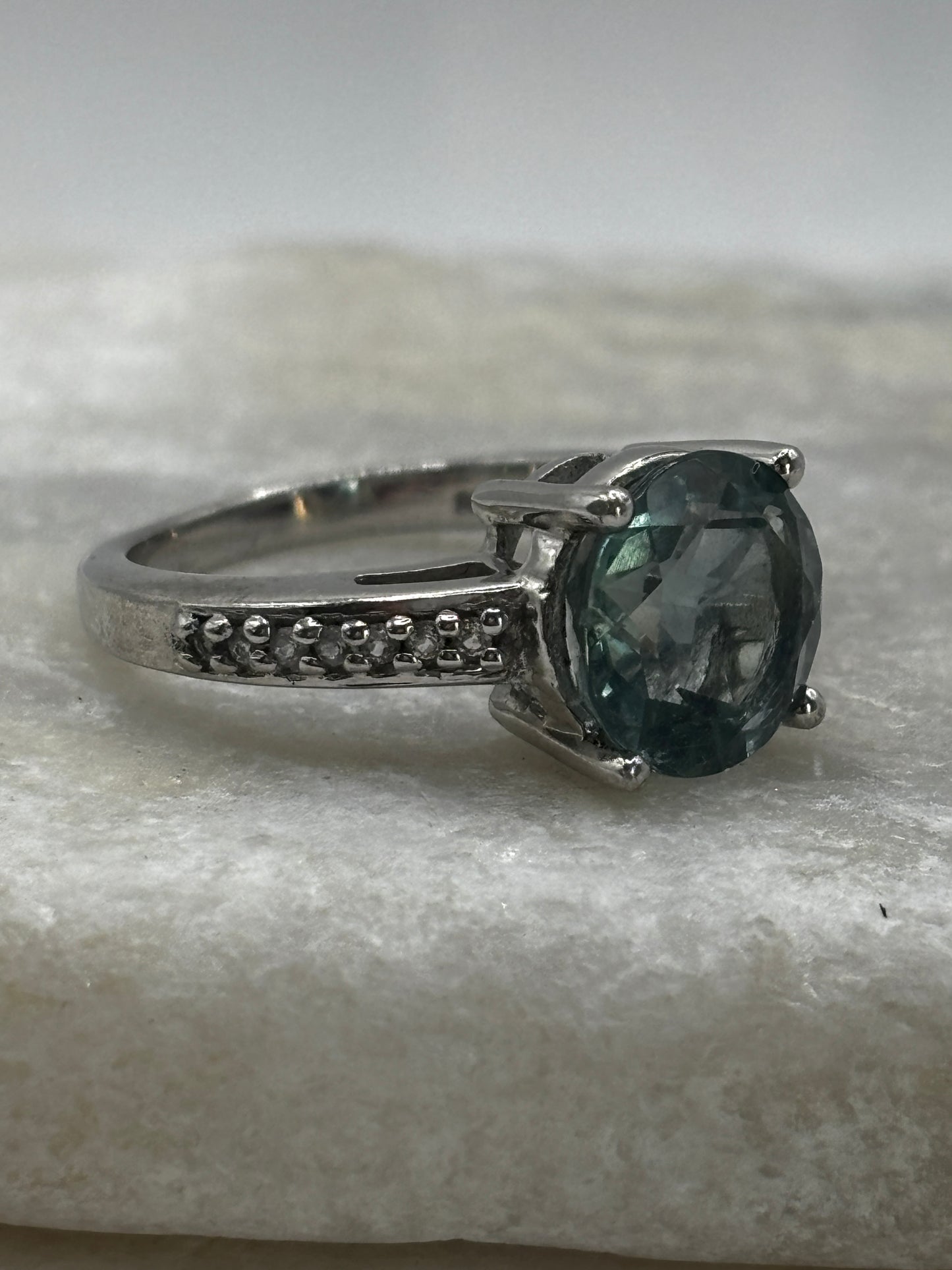 925 Sterling Silver Green Mint Faceted Tourmaline and White Zircon Solitaire Ring - Size O