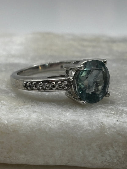 925 Sterling Silver Green Mint Faceted Tourmaline and White Zircon Solitaire Ring - Size O