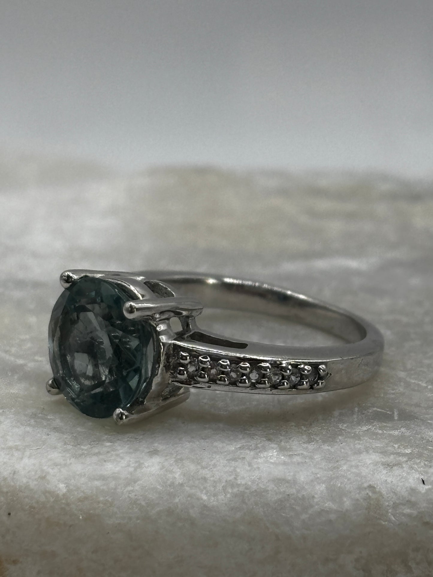 925 Sterling Silver Green Mint Faceted Tourmaline and White Zircon Solitaire Ring - Size O