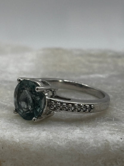 925 Sterling Silver Green Mint Faceted Tourmaline and White Zircon Solitaire Ring - Size O