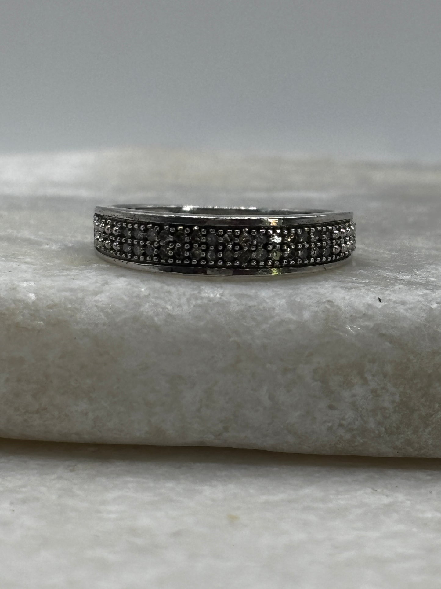 925 Sterling Silver Double Row Diamond Stacking Ring Band - Size M