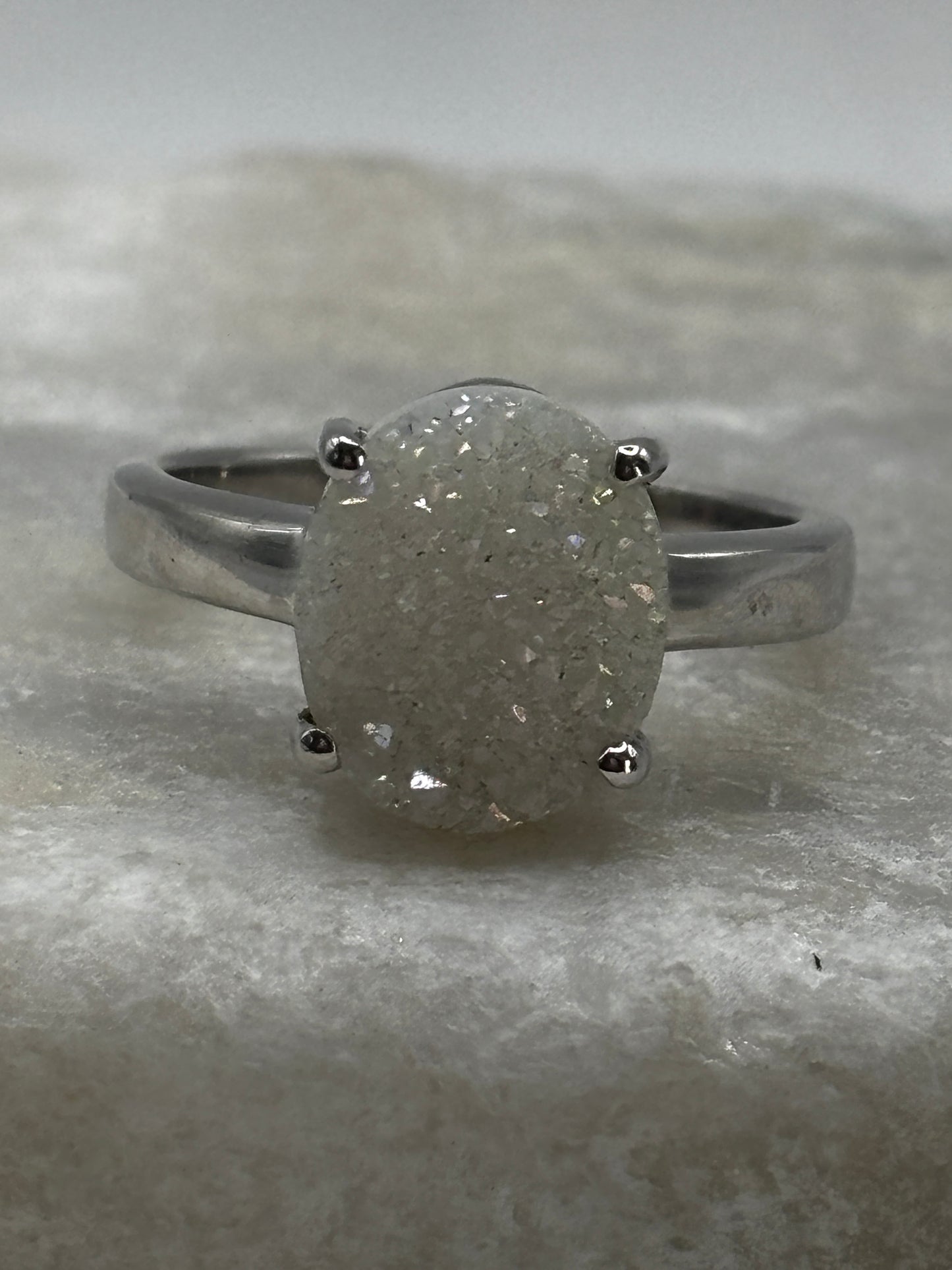 925 Sterling Silver White Drusy Statement Ring - Size Q