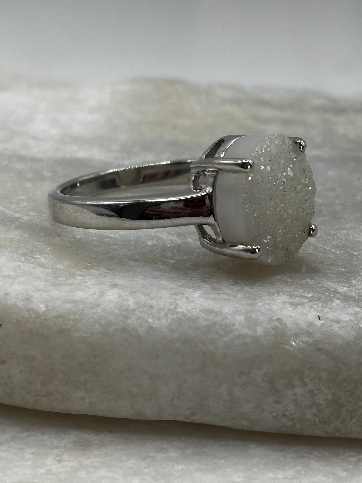 925 Sterling Silver White Drusy Statement Ring - Size Q