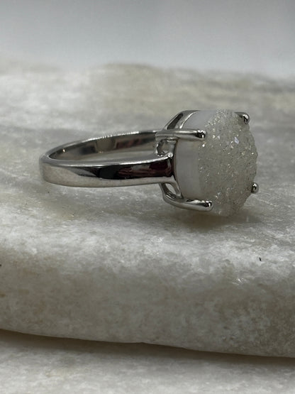 925 Sterling Silver White Drusy Statement Ring - Size Q