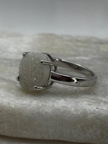 925 Sterling Silver White Drusy Statement Ring - Size Q
