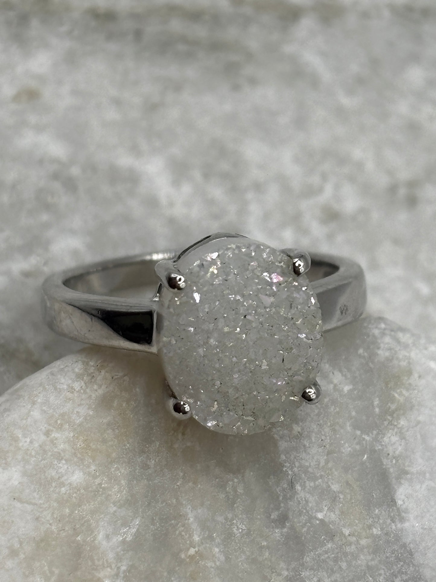 925 Sterling Silver White Drusy Statement Ring - Size Q
