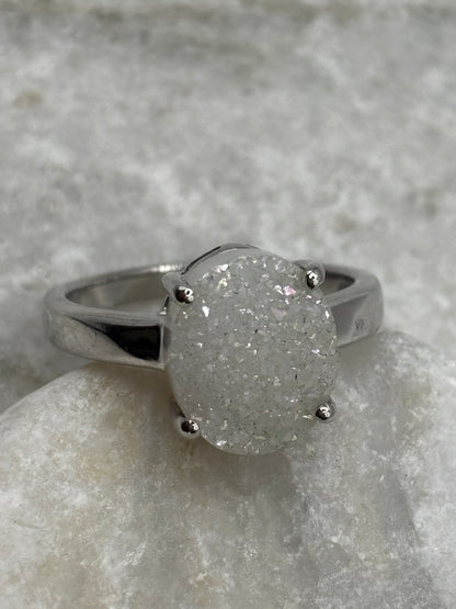 925 Sterling Silver White Drusy Statement Ring - Size Q