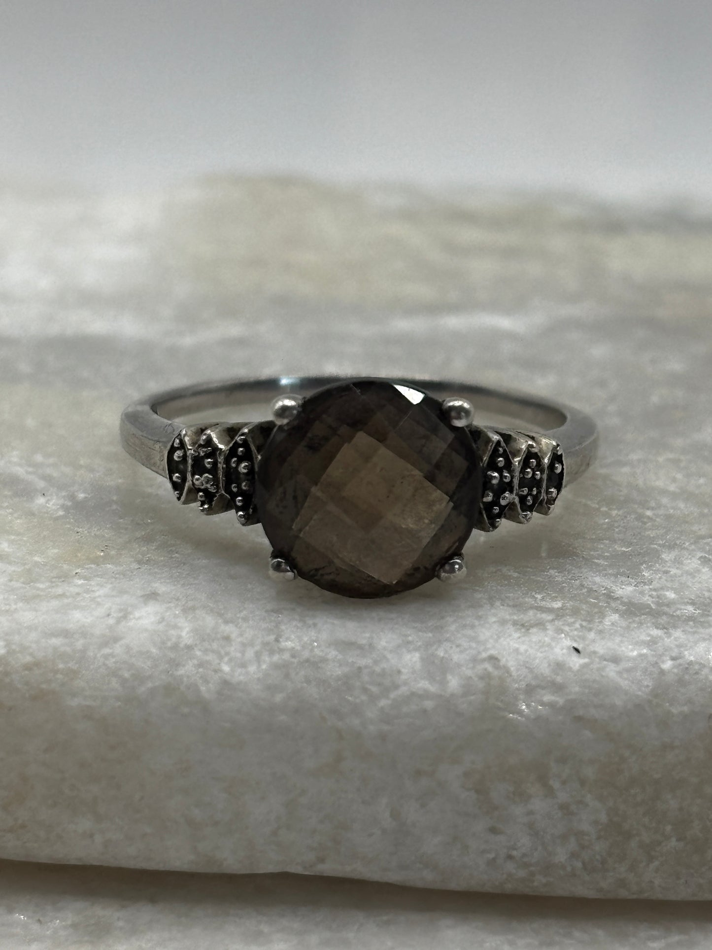 925 Sterling Silver Faceted Smoky Quartz Trilogy Ring - Size S
