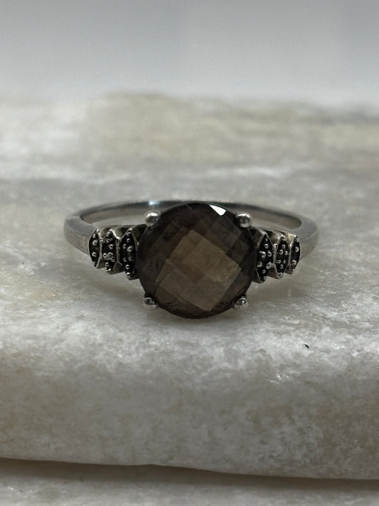 925 Sterling Silver Faceted Smoky Quartz Trilogy Ring - Size S