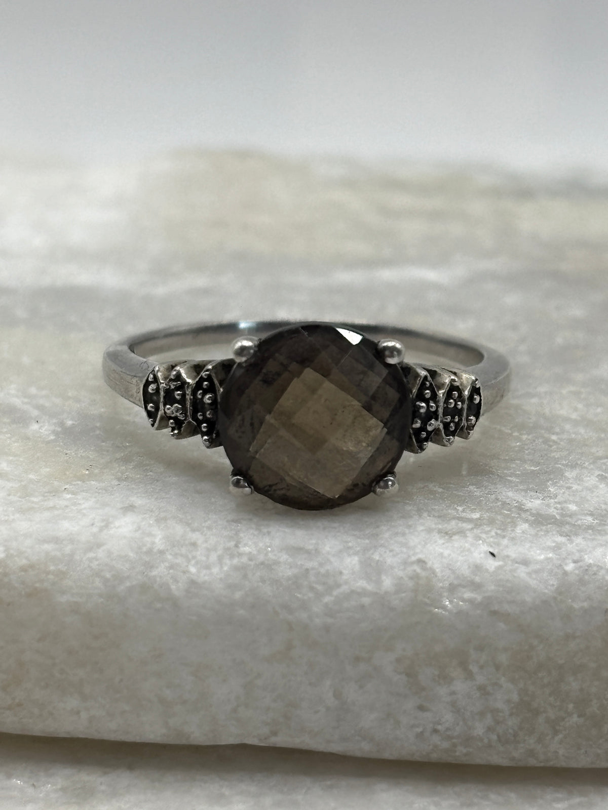 925 Sterling Silver Faceted Smoky Quartz Trilogy Ring - Size S